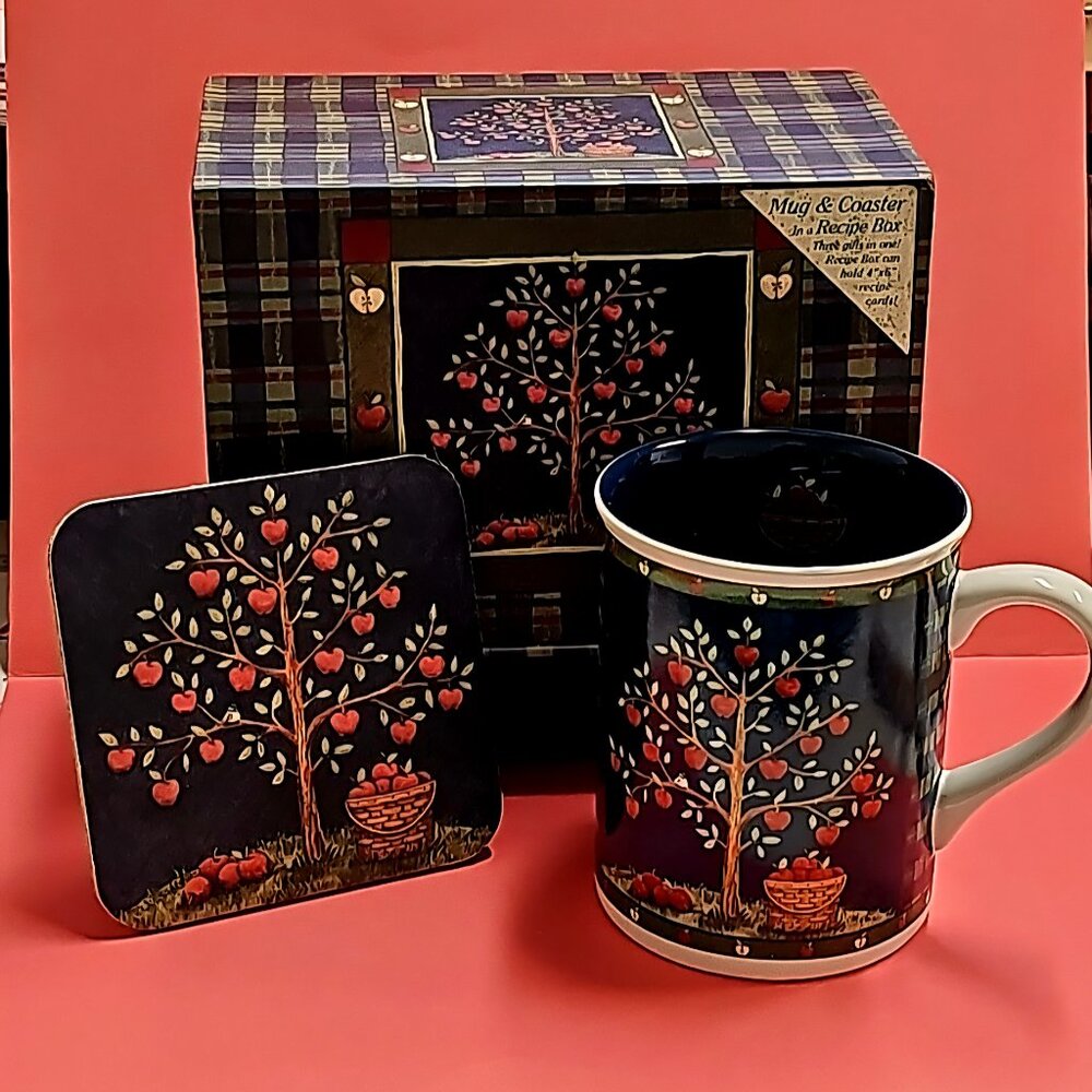 New LEGACY Apple Tree ceramic mug & coaster set in a recipe box - Great Gift